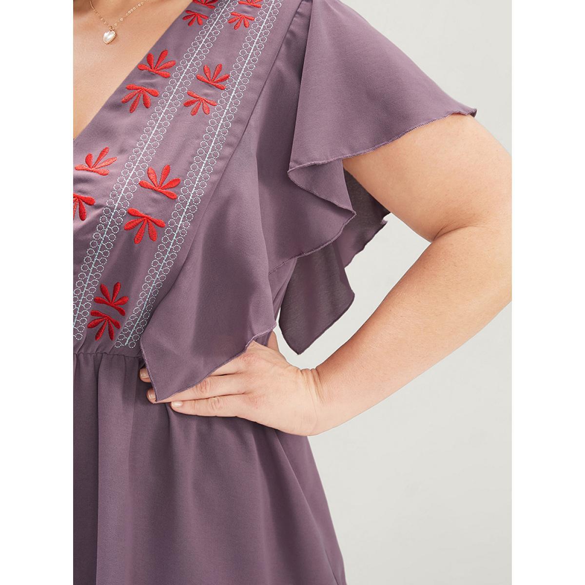Plus Size Mauve Floral Embroidered V Neck Ruffle Sleeve Blouse Women Vacation Short sleeve V-neck Dailywear Blouses BloomChic 22-24/3X Product Image