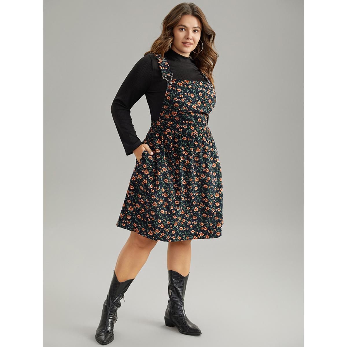Plus Size Corduroy Ditsy Floral Pocket Adjustable Straps Dress Indigo Women Casual Adjustable Straps Spaghetti Strap Sleeveless Curvy Knee Dress BloomChic 26/4X Product Image