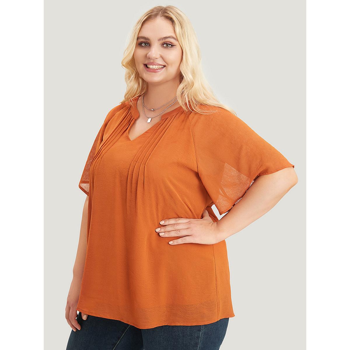 Plus Size Maroon Solid Notched Pleated Mesh Raglan Sleeve Blouse Women Casual Short sleeve V-neck Dailywear Blouses BloomChic 10/M Product Image