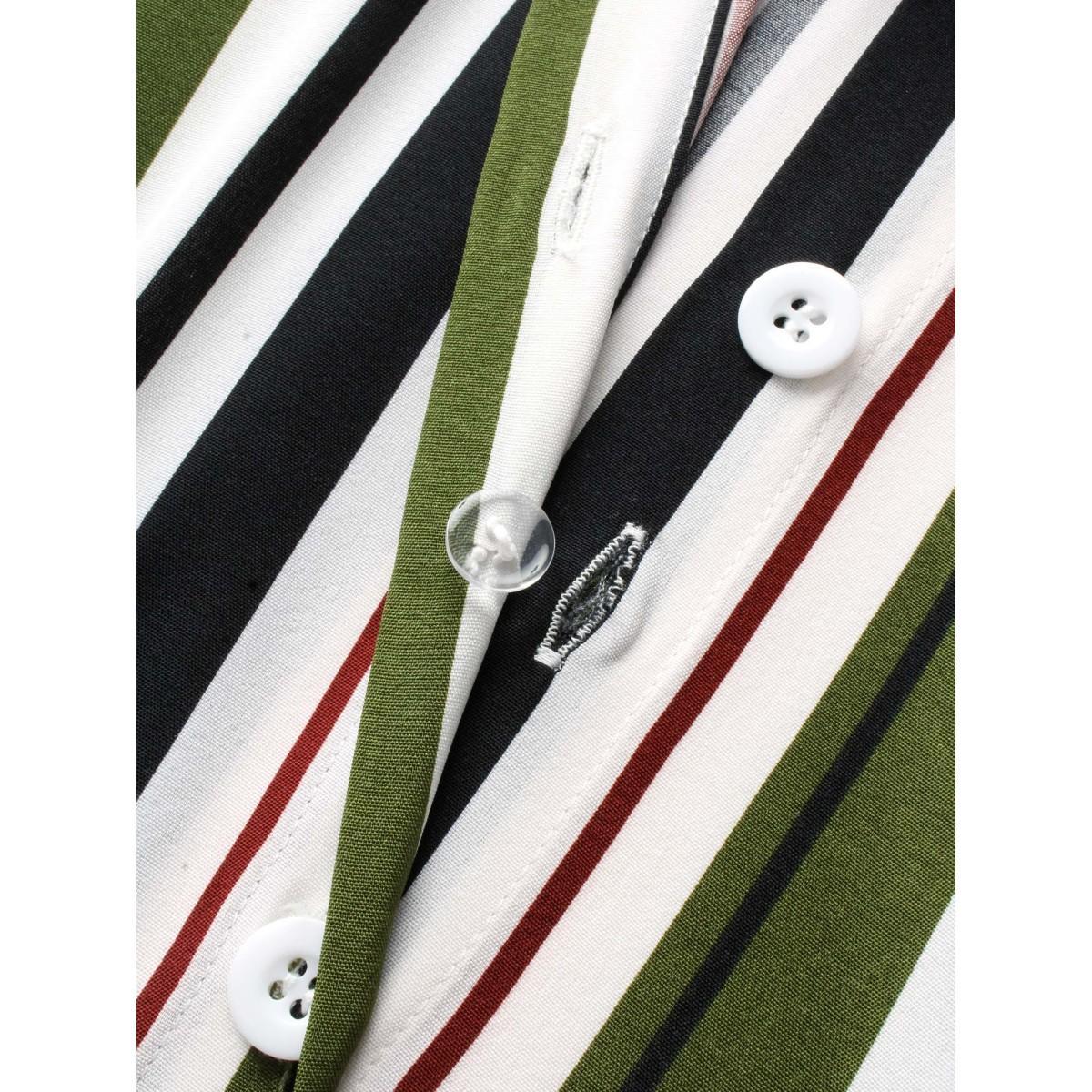 Plus Size Striped Tab Sleeve Arc Hem Dress Multicolor Women Workwear Essentials Belted Shirt collar Elbow-length sleeve Curvy BloomChic 10/M Product Image