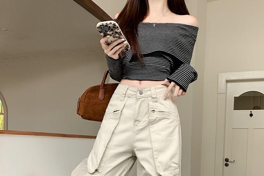 High Rise Plain Wide Leg Cargo Pants Product Image