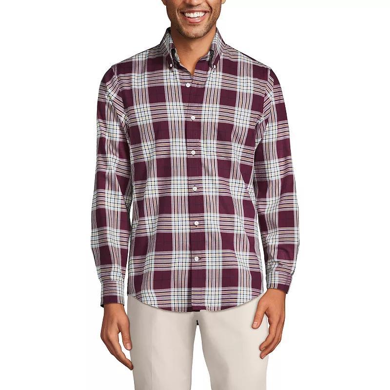Big & Tall Lands' End Traditional-Fit No-Iron Twill Button-Down Shirt, Men's, Size: Large Tall, White Blue Plaid Product Image