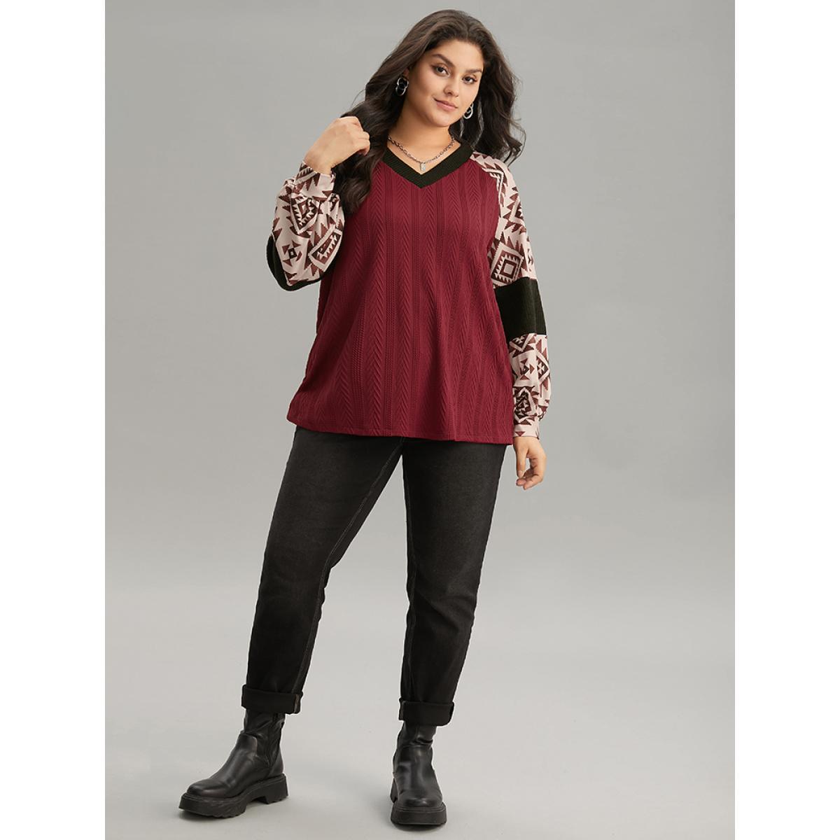 Plus Size Boho Print Contrast Texture Rib Knit Raglan Sleeve Sweatshirt Women Burgundy Casual Rib Knit V-neck Dailywear Sweatshirts BloomChic 14-16/1X Product Image