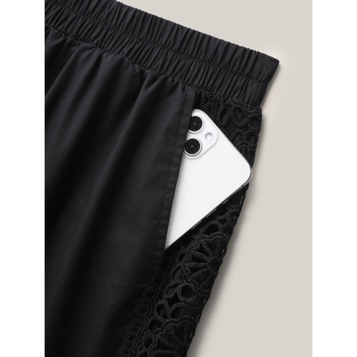 Plus Size Cotton Side Lace Wide-Leg Pants Women Black Resort Wide Leg Mid Rise Vacation Pants BloomChic 22-24/3X Product Image