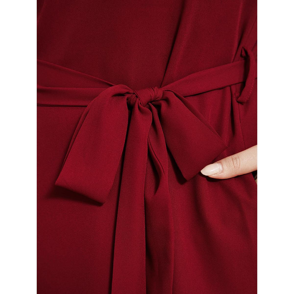 Plus Size Solid Lantern Sleeve Pocket Belted Contrast Lace Dress Burgundy Women Elegant Belted Round Neck Long Sleeve Curvy Midi Dress BloomChic 12/L Product Image