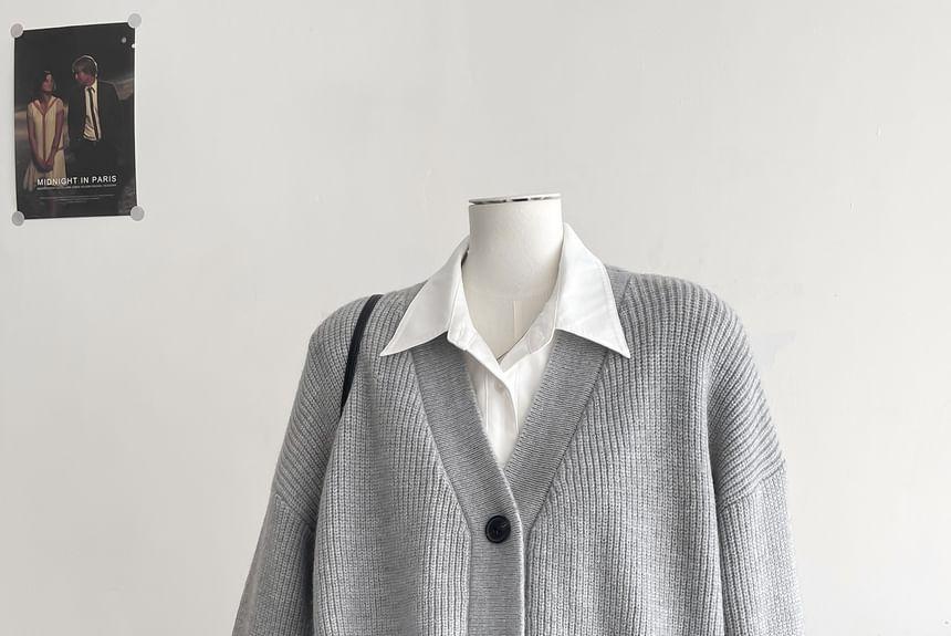 V-Neck Plain Pocket Detail Ribbed Cardigan Product Image