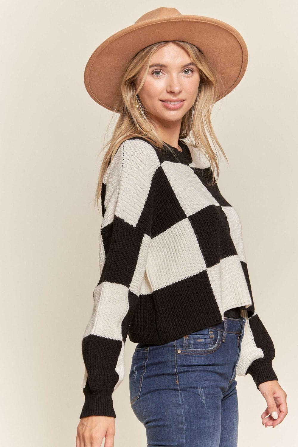 Comfy Cropped Black & White Checkered Knit Sweater Top* Product Image