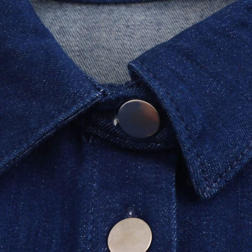 Short-Sleeve Collar Pleated Denim Button Mini A-Line Dress Product Image