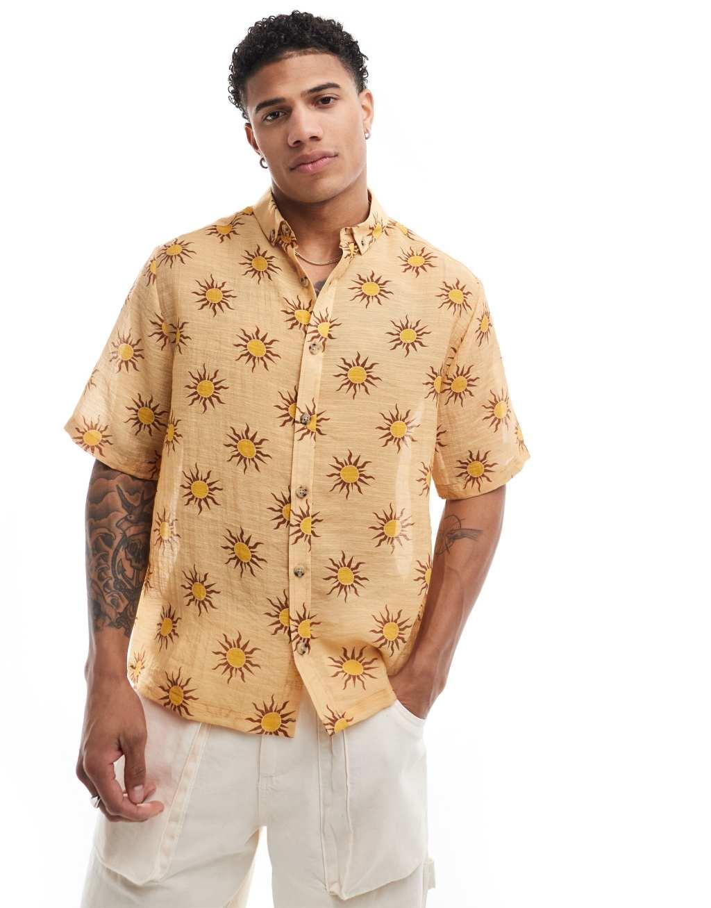 ASOS DESIGN boxy relaxed shirt with sun print in yellow Product Image