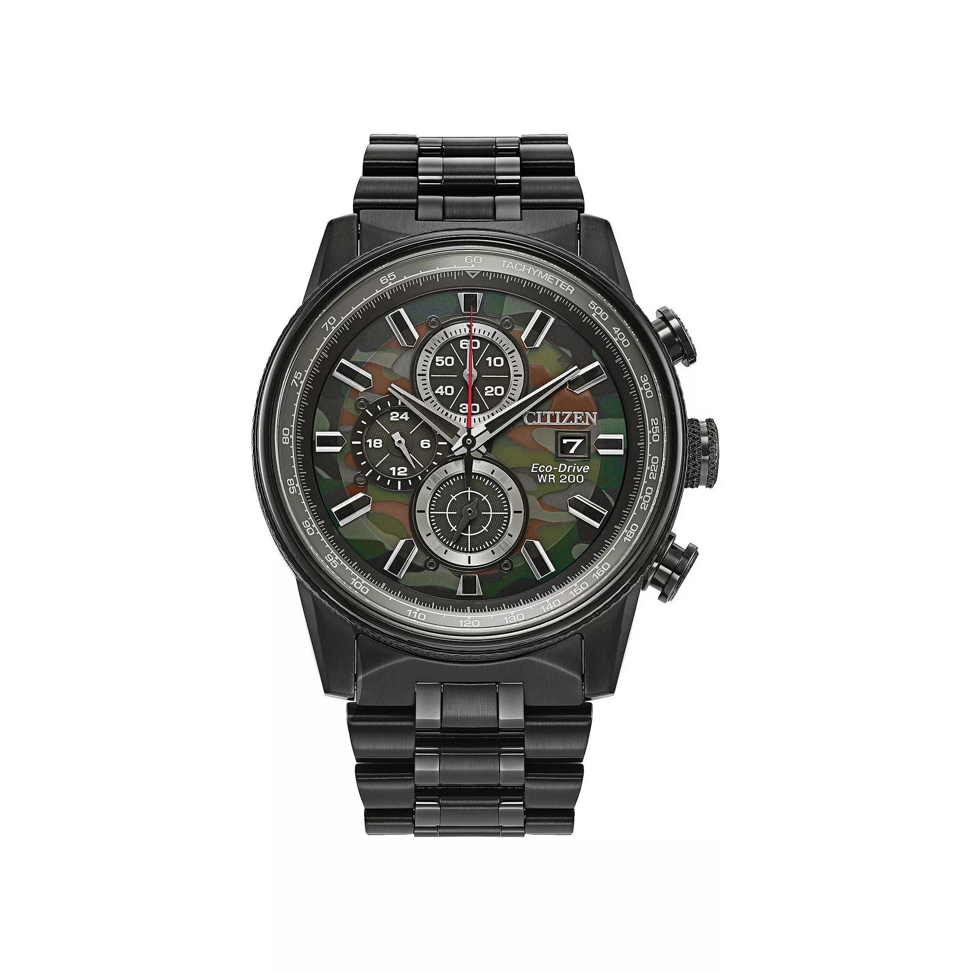 Citizen Mens Eco-Drive Weekender Nighthawk Stainless Steel Camo Dial Chronograph Bracelet Watch Black Product Image