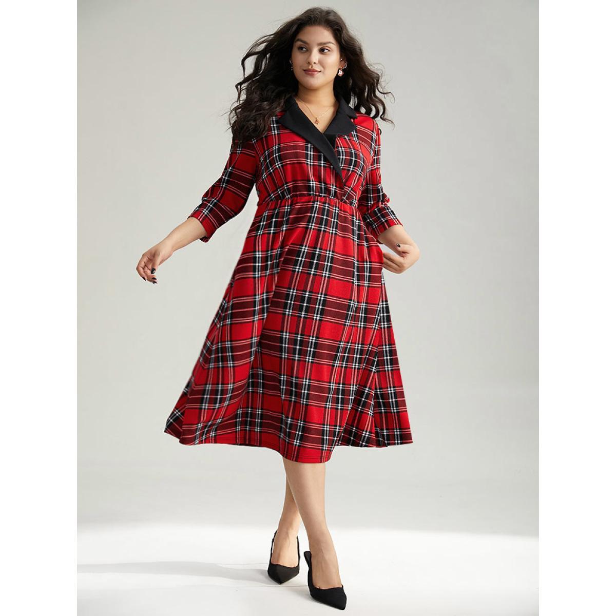 Plus Size Christmas Plaid Suit Collar Elastic Waist Dress Red Women Office Printed Suit Collar Elbow-length sleeve Curvy Midi Dress BloomChic 18-20/2X Product Image