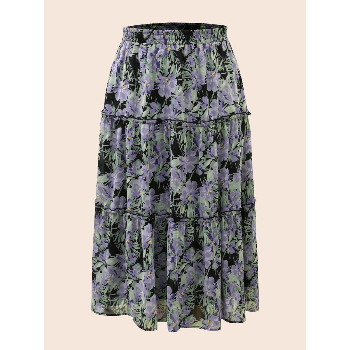 Plus Size Floral Ruffle Layered Hem Skirt Women BlackFlower Elegant No stretch Slanted pocket Everyday Skirts BloomChic 22-24/3X Product Image