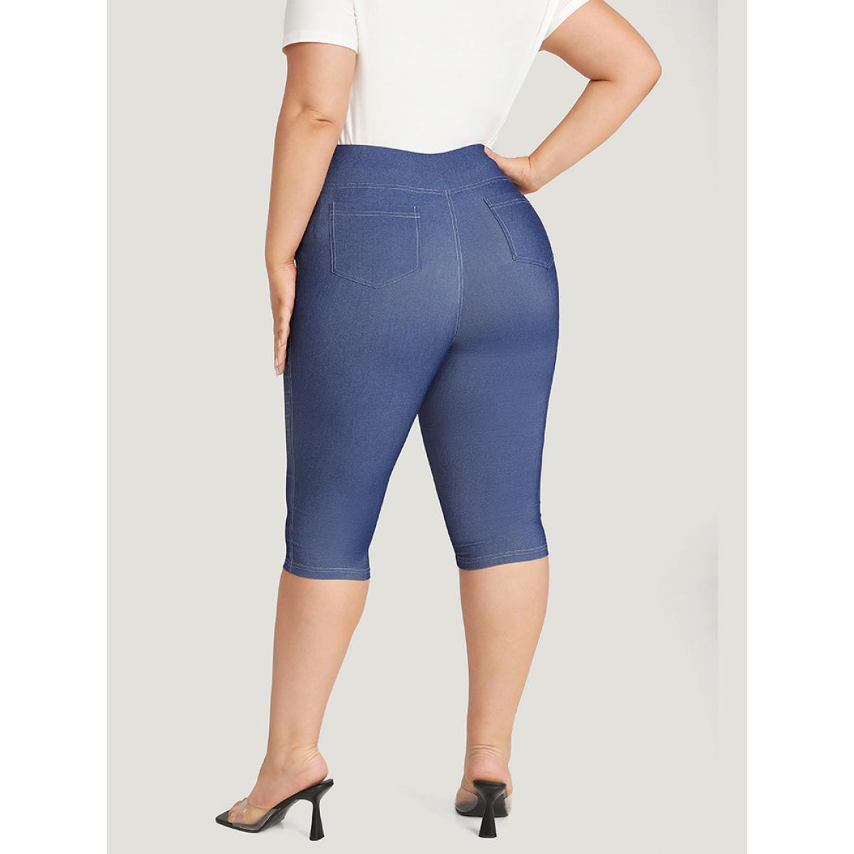 Plus Size Solid Stitch Wideband Waist High Rise Leggings Women Blue Casual High stretch Skinny High Rise Dailywear Leggings BloomChic 22-24/3X Product Image