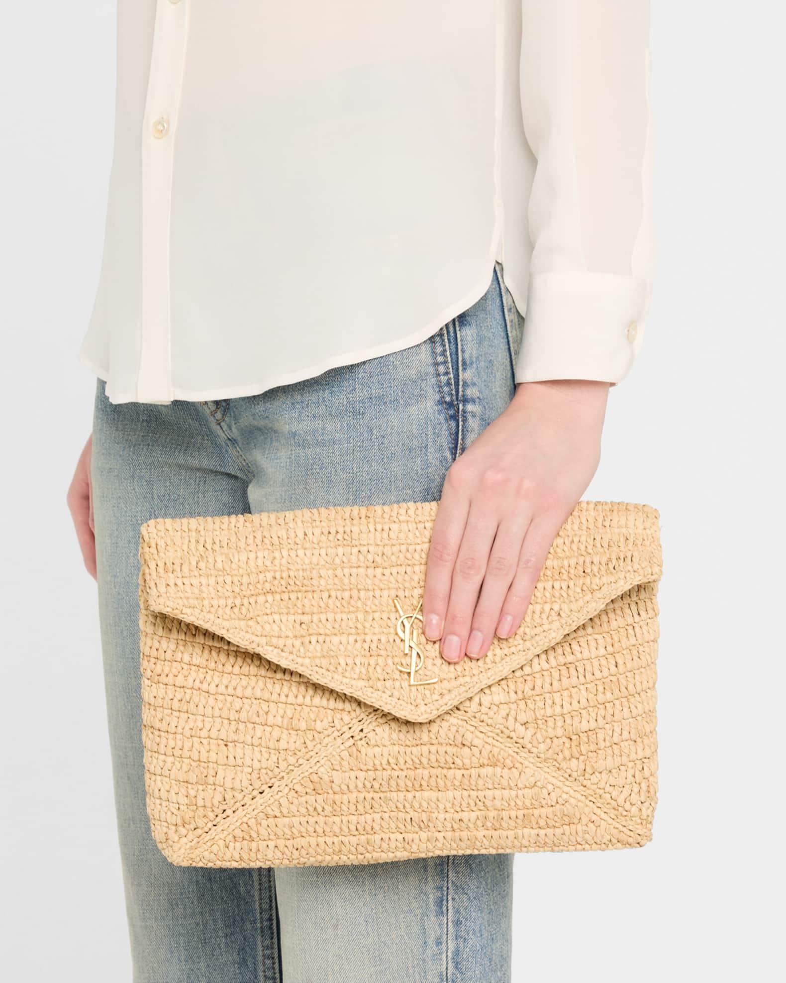 Large YSL Envelope Pouch Clutch Bag in Raffia & Leather Product Image