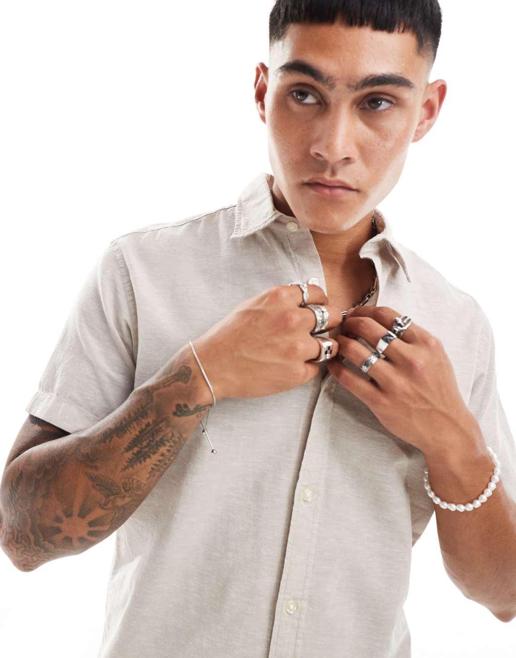Jack & Jones linen mix shirt with long sleeves in beige Product Image