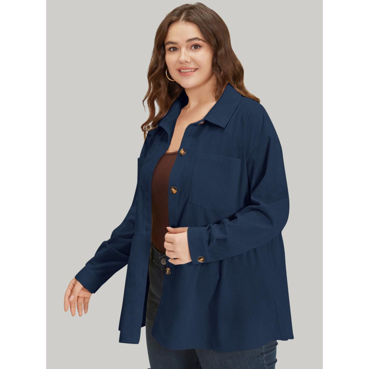 Plus Size Plain Shirt Collar Button Through Ruffle Hem Pocket Coat Women ArmyGreen Button Pocket Dailywear Jackets BloomChic 18-20/2X Product Image
