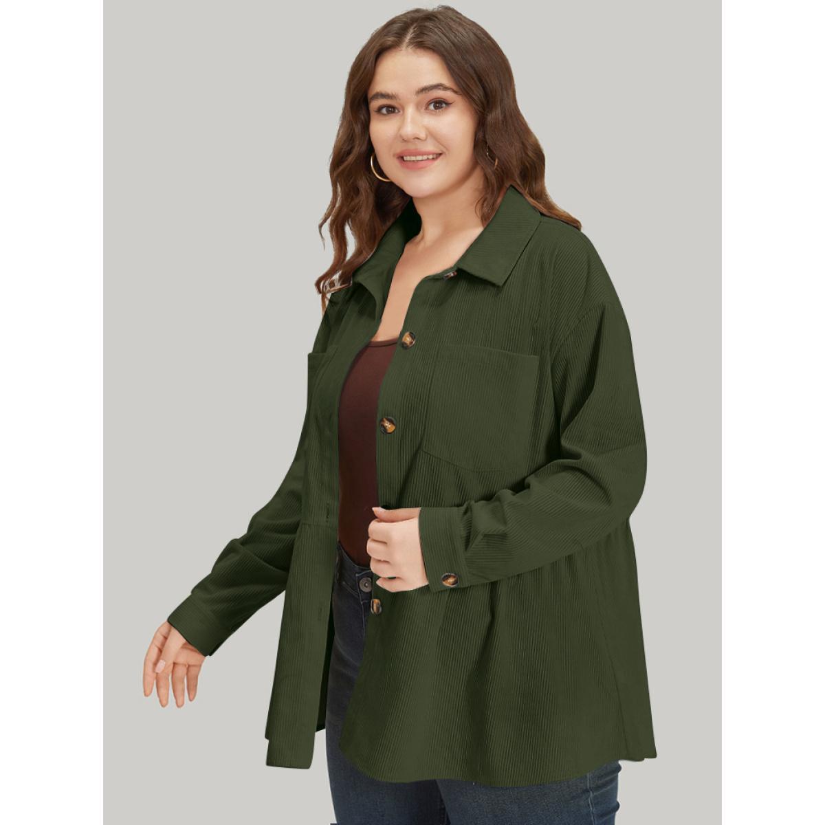 Plus Size Plain Shirt Collar Button Through Ruffle Hem Pocket Coat Women ArmyGreen Button Pocket Dailywear Jackets BloomChic 18-20/2X Product Image
