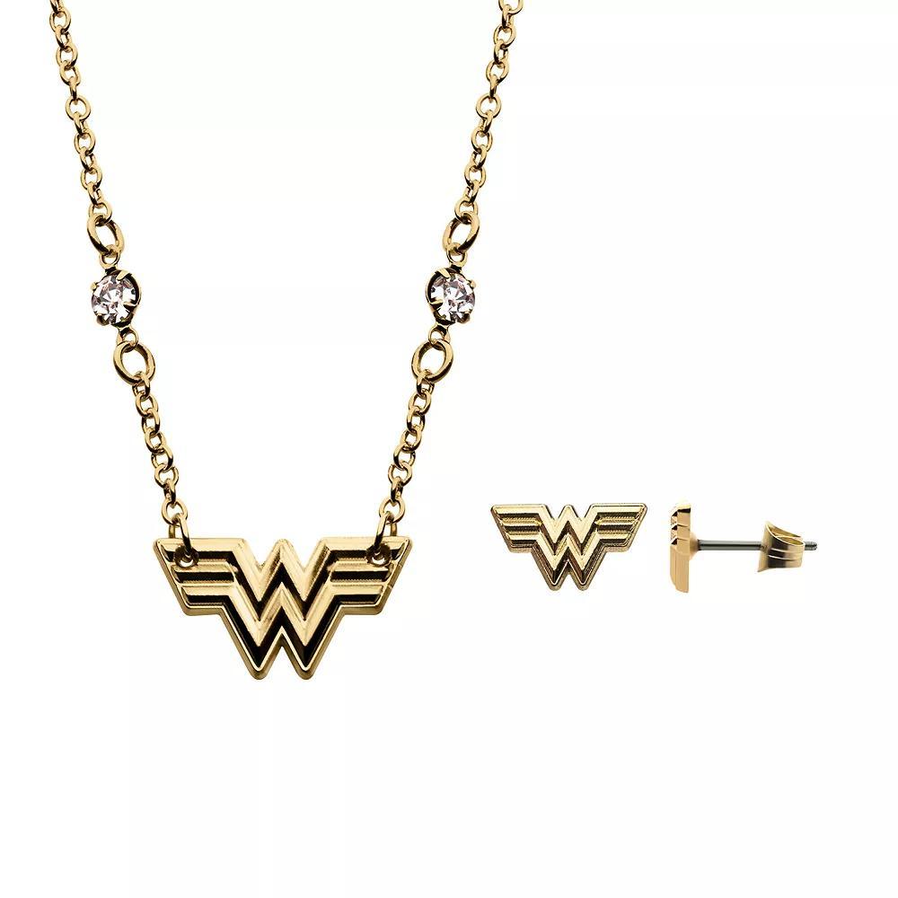 DC Comics Wonder Woman 1984 Gold Tone Stainless Steel Logo Pendant & Stud Earring Set, Women's Product Image