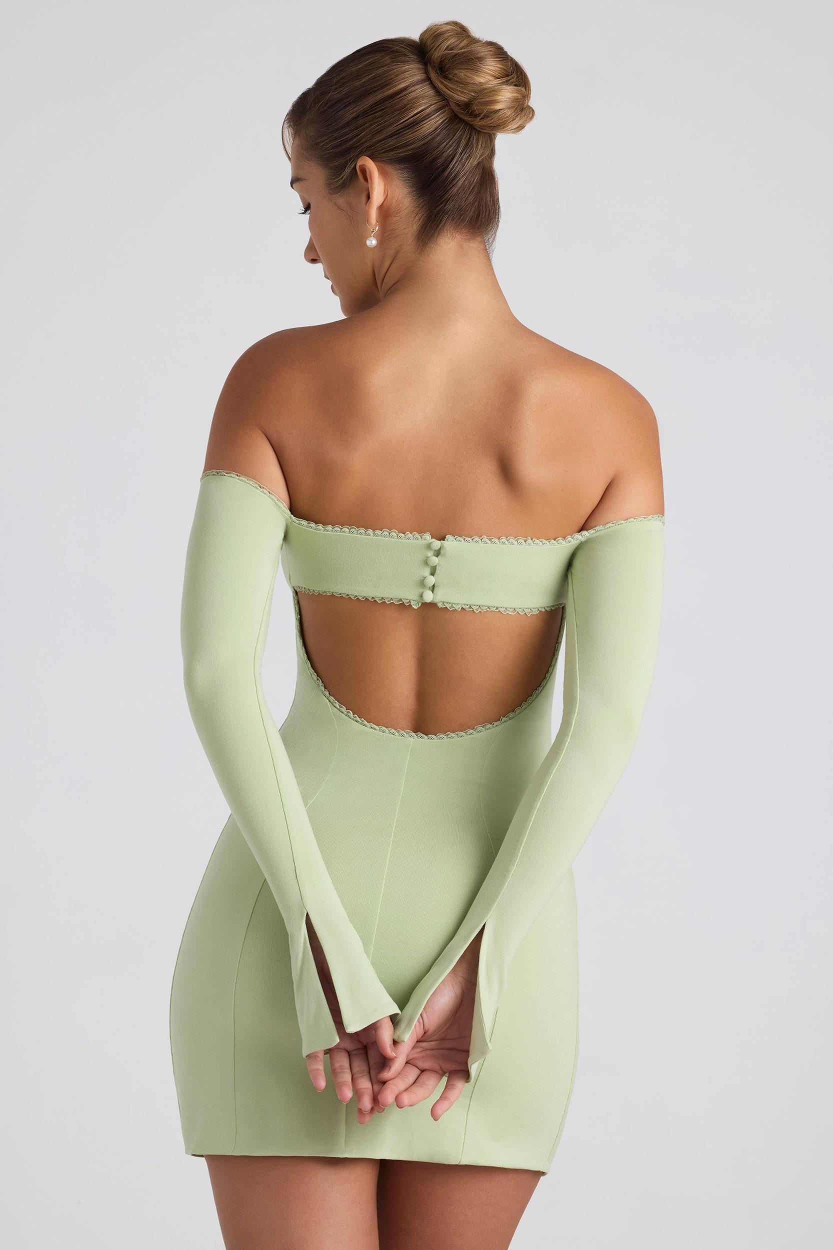 Modal Off-Shoulder Lace-Trim Mini Dress in Spring Green Product Image