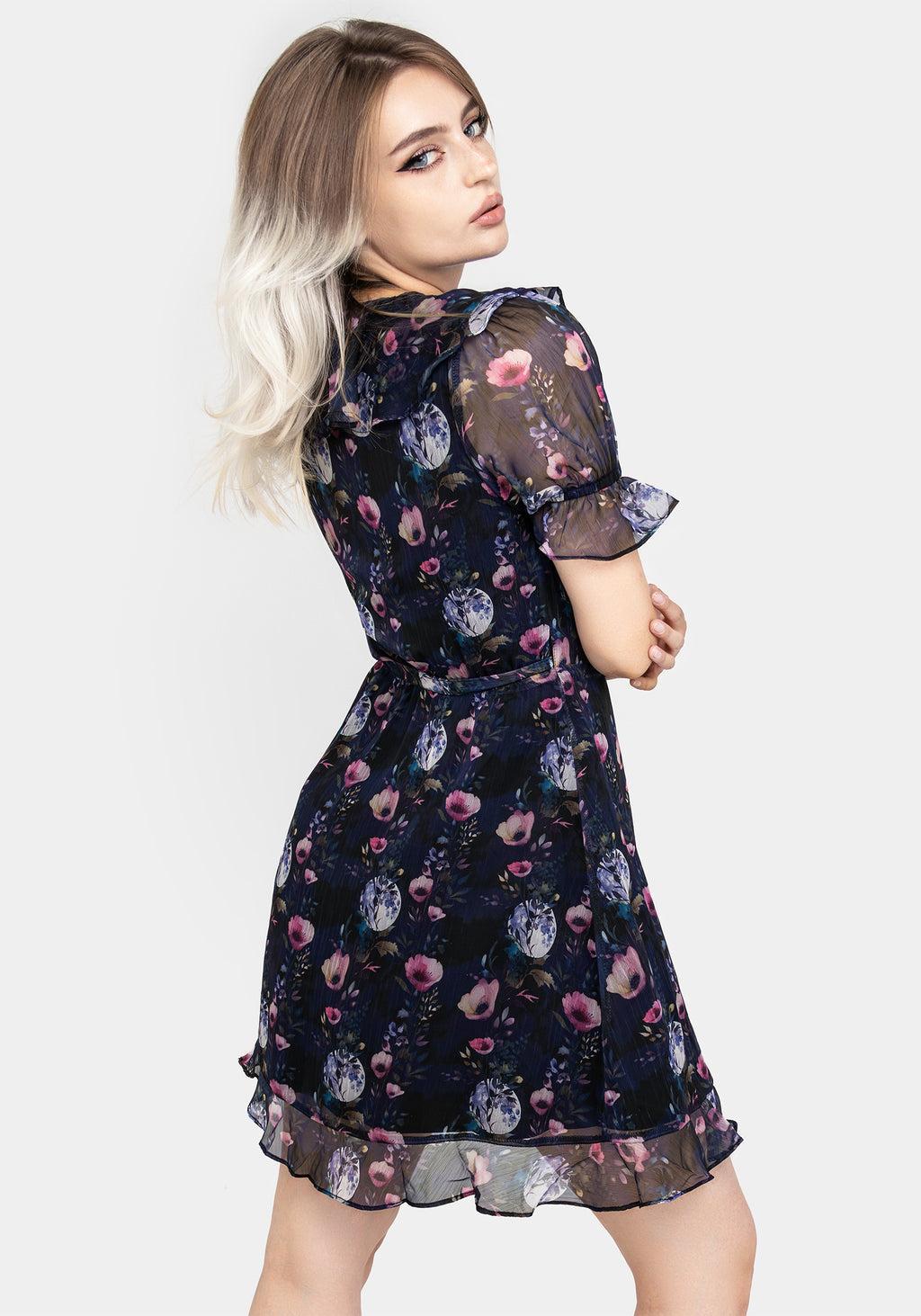 Socordia Floral Moon Chiffon Frill Wrap Mini Dress Product Image