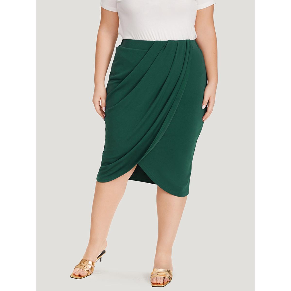 Plus Size Solid Pleated Detail Wrap Hem Skirt Women DarkGreen Office Plain Bodycon No stretch Work Skirts BloomChic 12/L Product Image