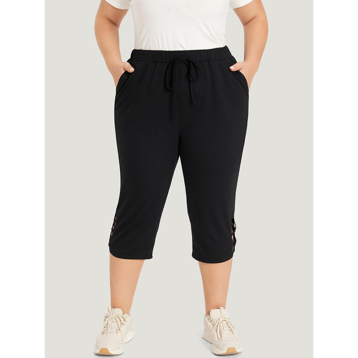Plain Slant Pocket Crisscross Hem Skinny Sweatpants Black Plus Size Women Casual Dailywear Cross straps 18-20/2X Bloomchic Product Image
