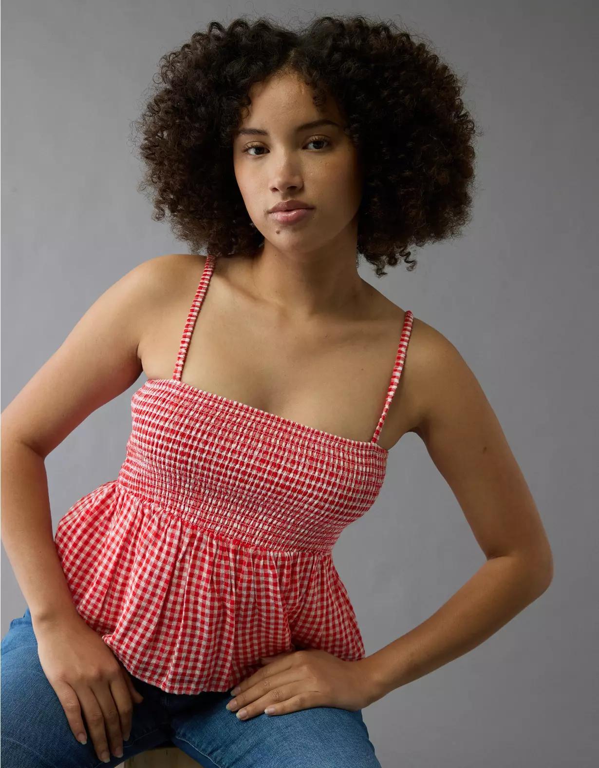 AE Smocked Gingham Babydoll Cami Product Image