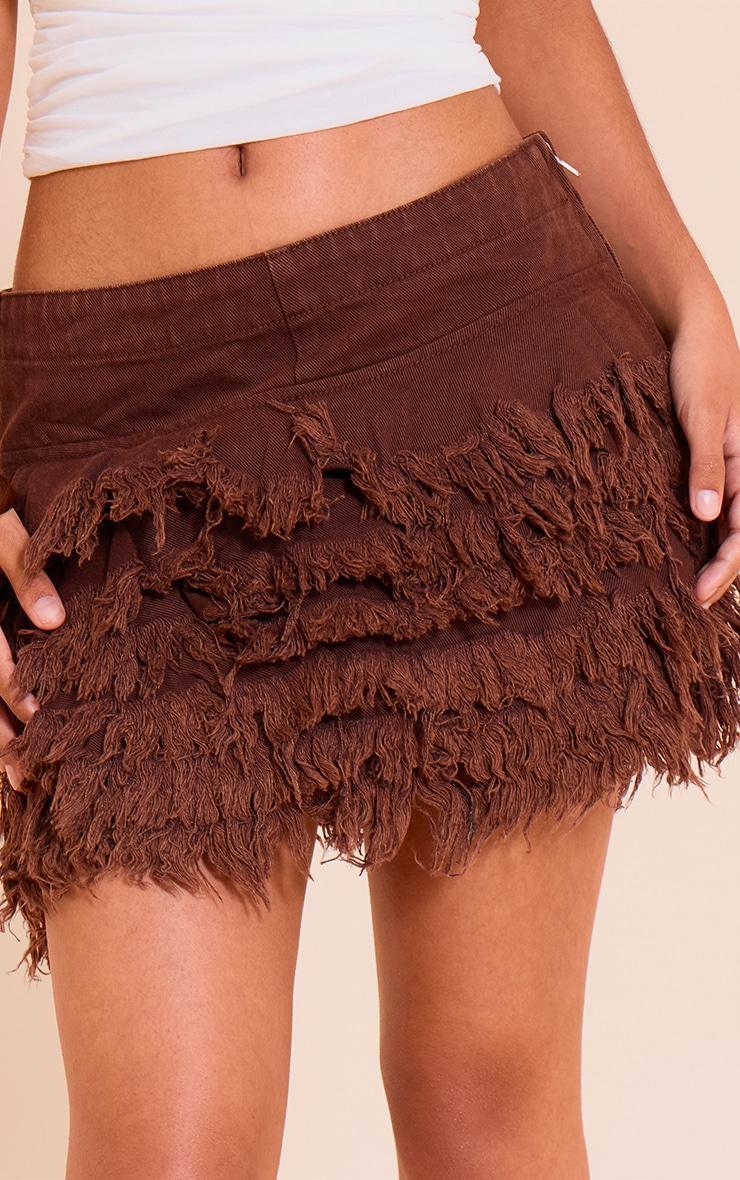 Petite Chocolate Denim Frayed Rara Micro Mini Skirt Product Image