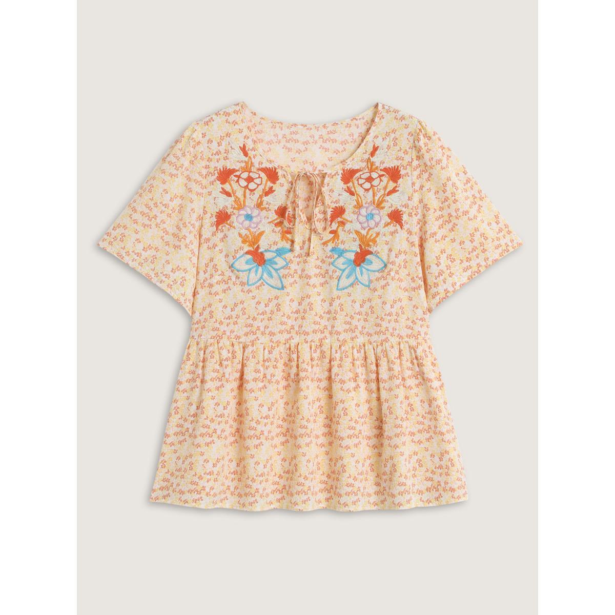Plus Size Lightyellow Floral Embroidery Neck Tie Blouse Women Half Sleeve V-neck Vacation Blouses BloomChic 10/M Product Image