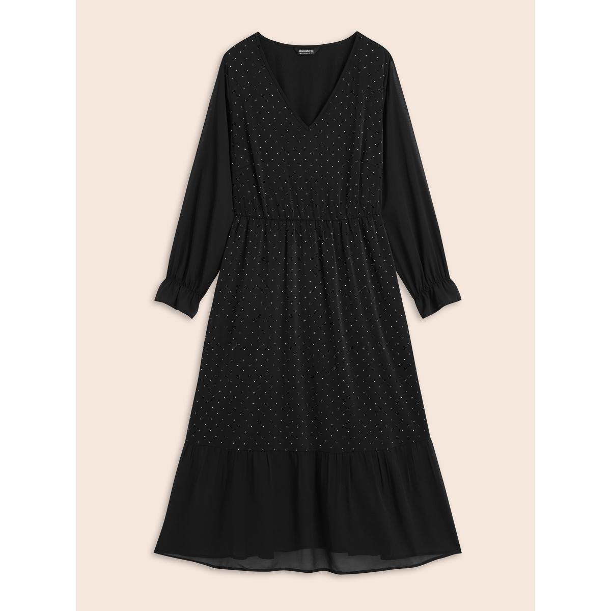 Plus Size V Neck Rhinestone Patchwork Ruffles Dress Pureblack Women Cocktail Rhinestone detailing Party Curvy Bloomchic 26/4X Product Image