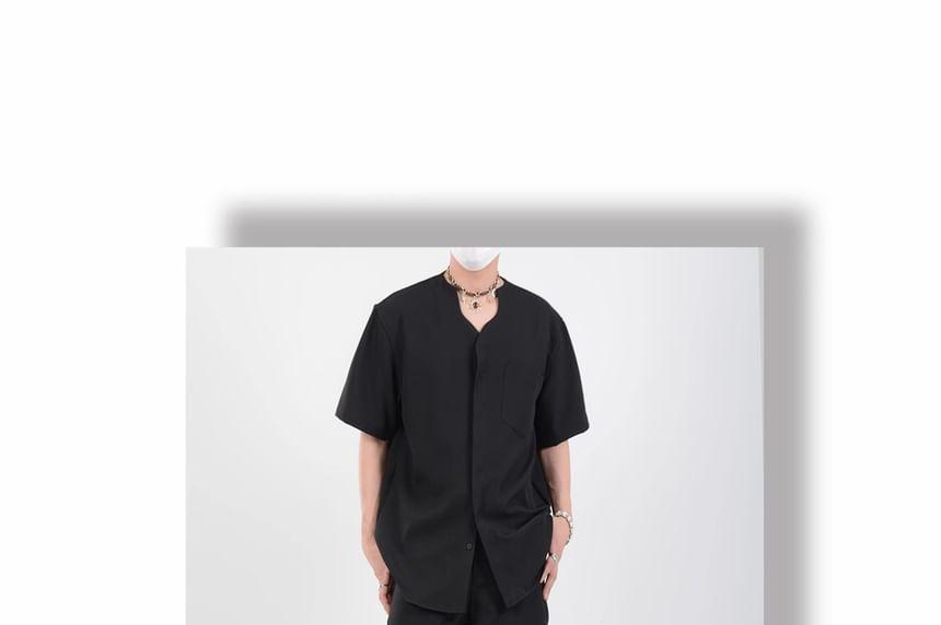 Short-Sleeve V-Neck Plain Button Up Oversized Shirt Product Image