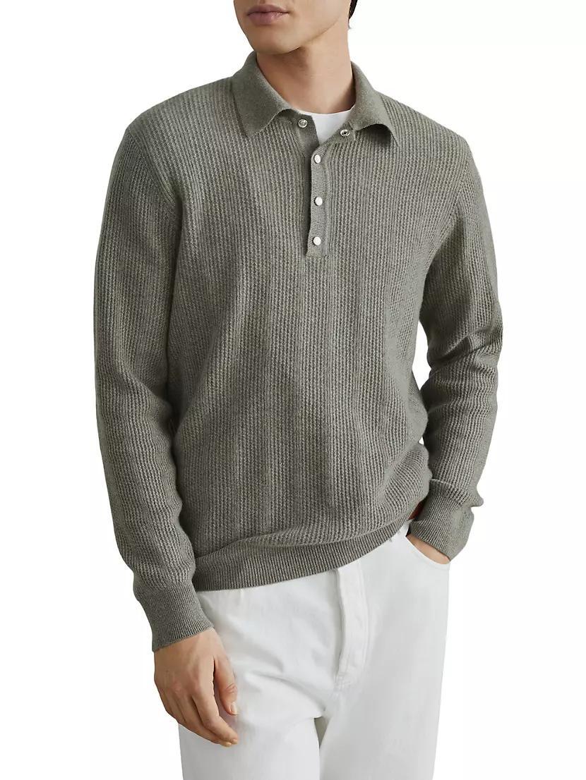 Cashmere Textured Rib Knit Polo with Long Sleeves Product Image