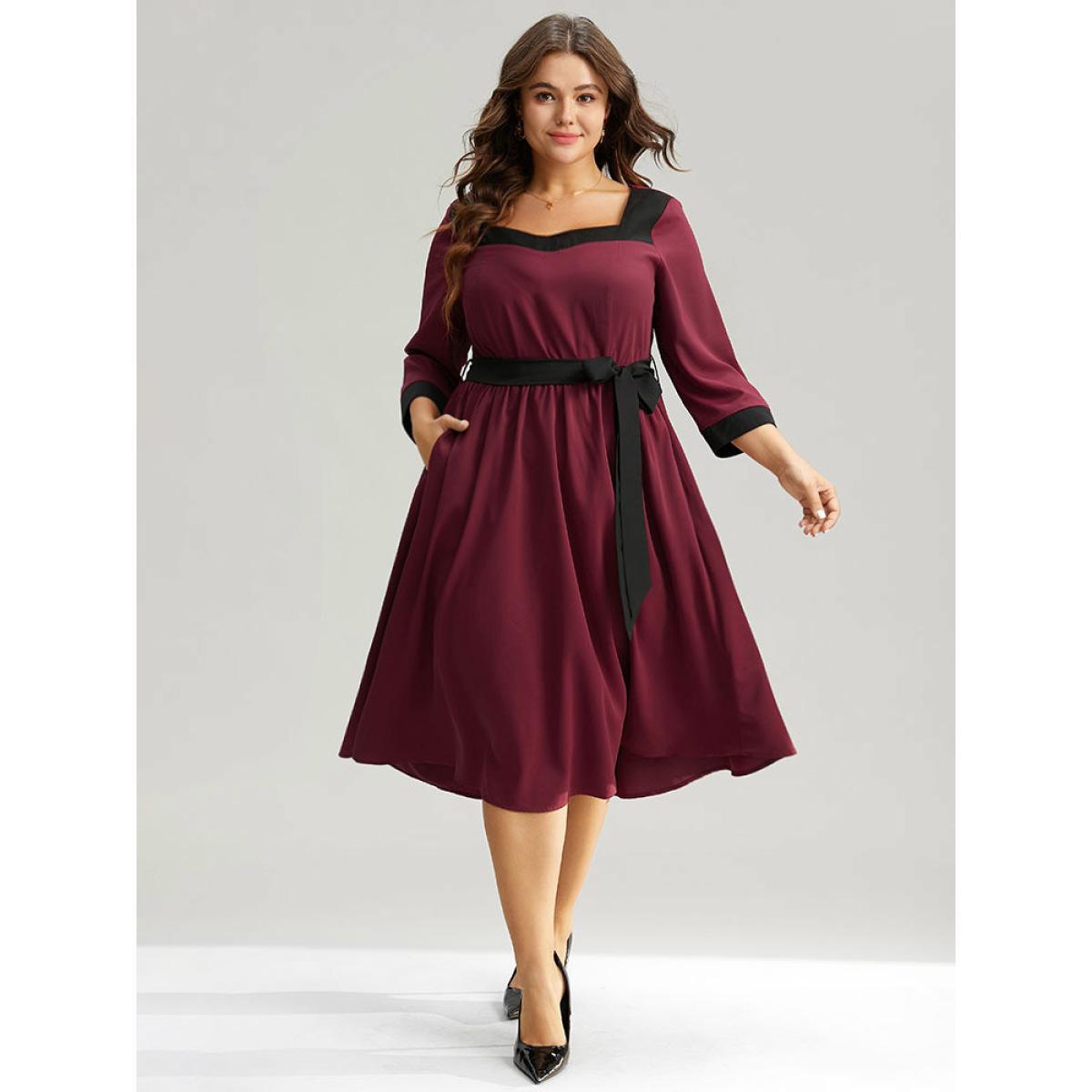 Plus Size Anti-Wrinkle Two Tone Patchwork Square Neck Dress Burgundy Women Elegant Belted Square Neck Elbow-length sleeve Curvy Midi Dress BloomChic 12/L Product Image