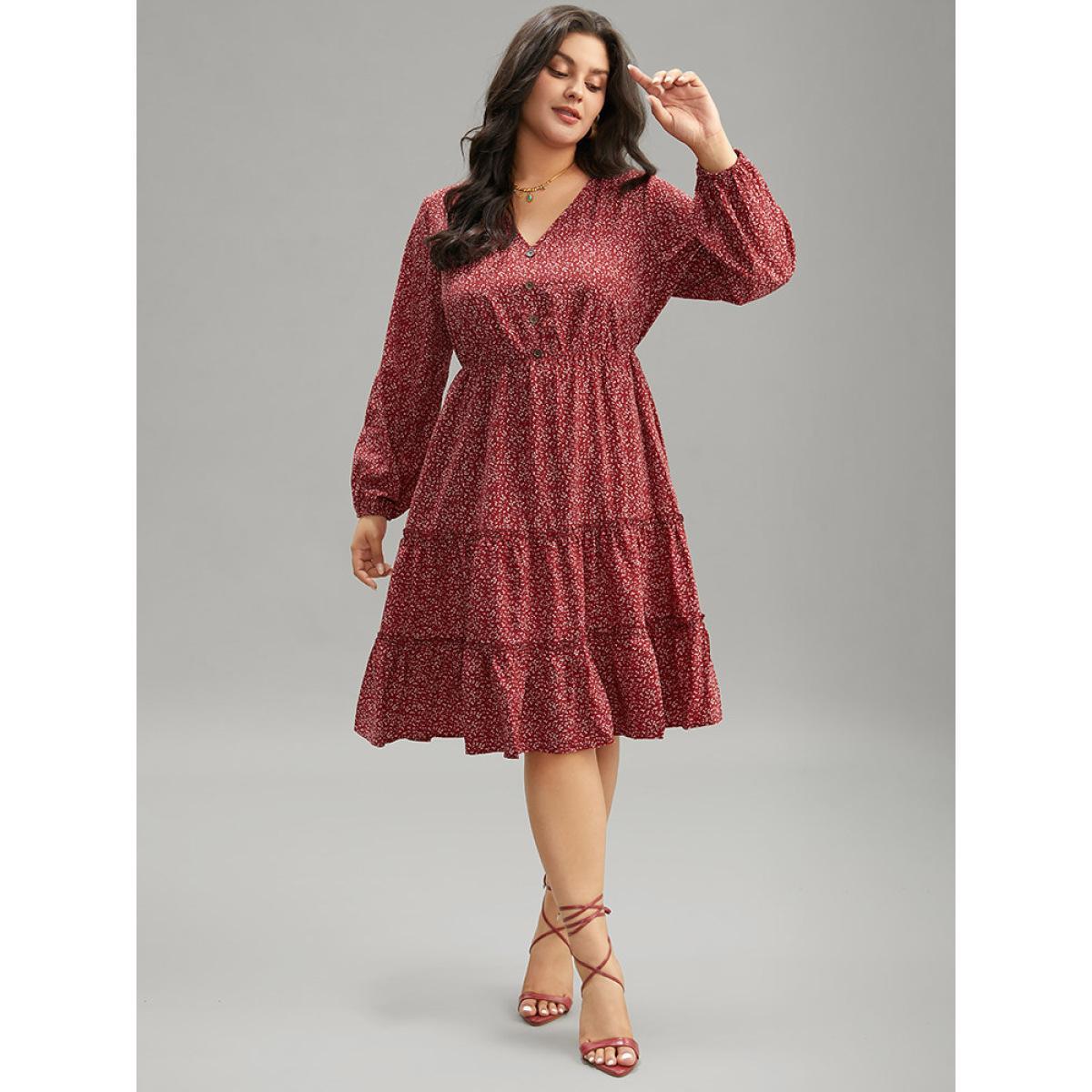 Plus Size Ditsy Floral V Neck Lantern Sleeve Ruffle Layered Hem Dress Scarlet Women Elegant Elastic cuffs V-neck Long Sleeve Curvy Midi Dress BloomChic 30/6X Product Image