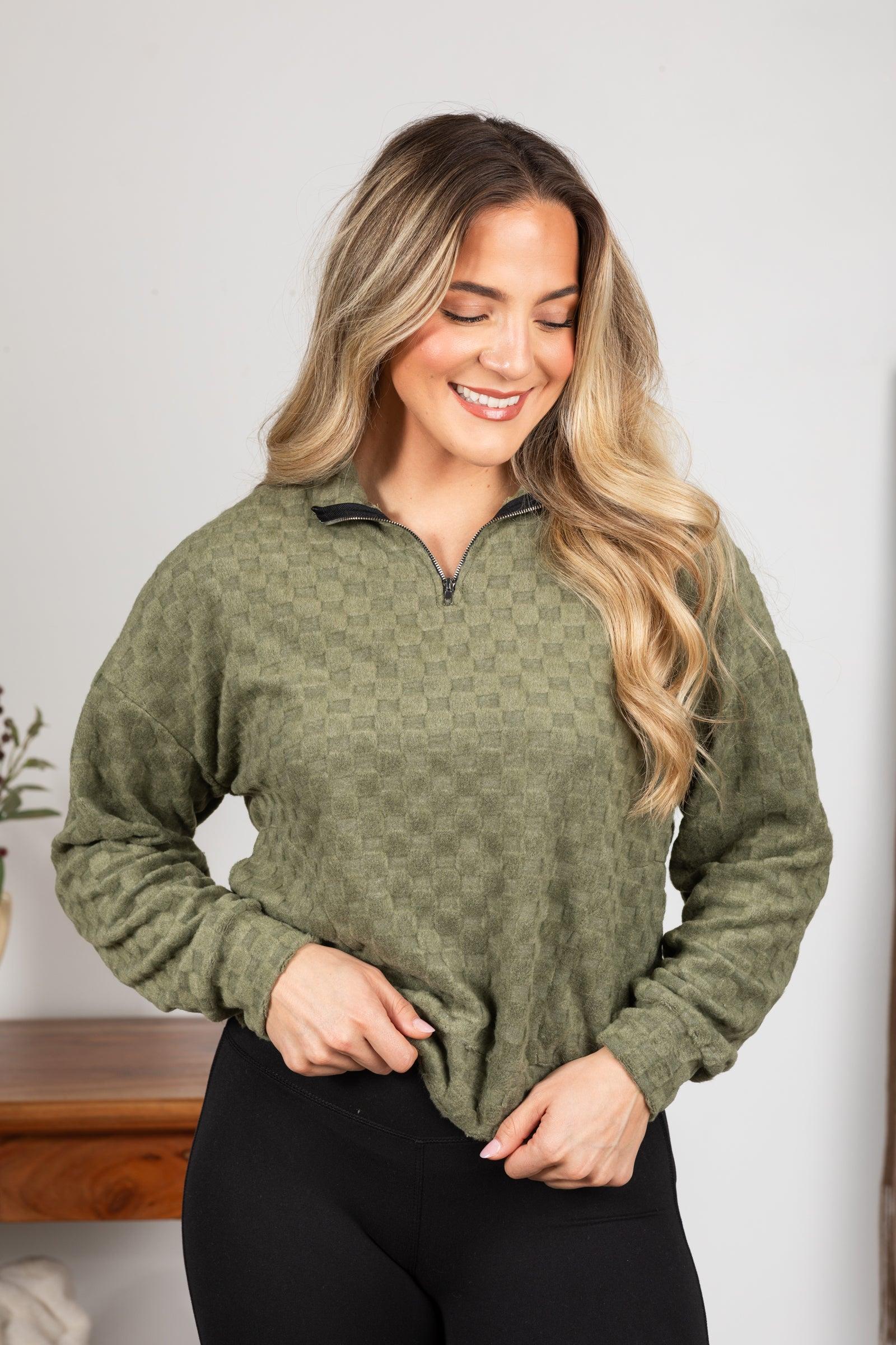 Fuzzy Checkered 1/4 Zip Knit Top Product Image