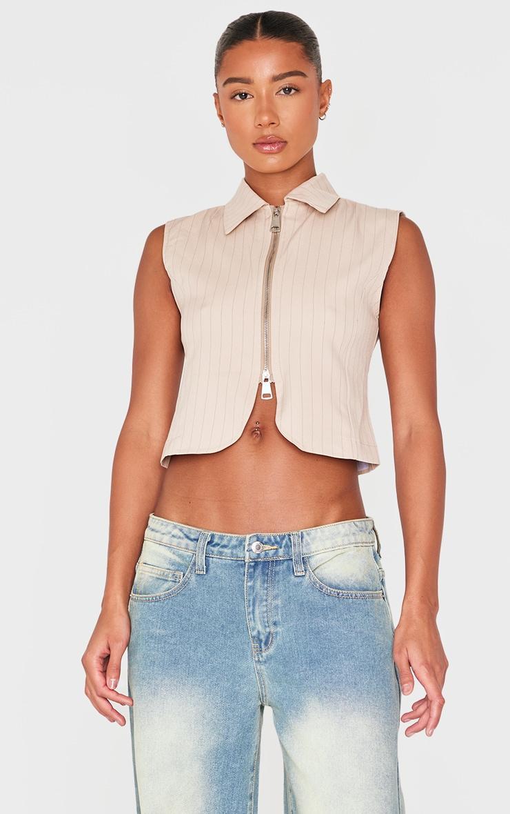 Stone Pinstripe Double Zip Sleeveless Shirt Product Image