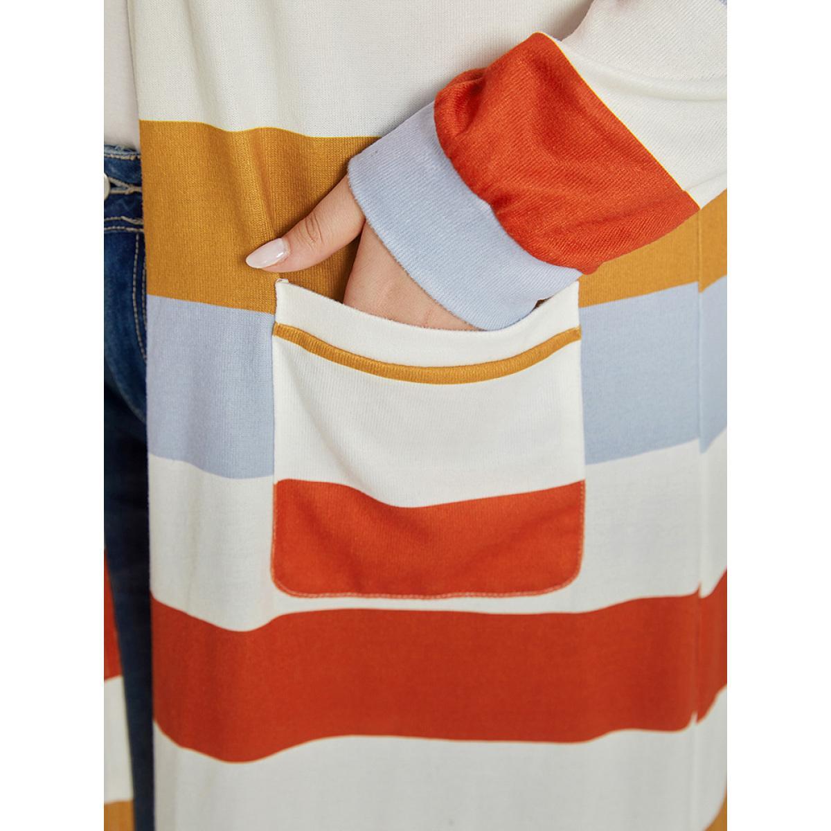 Plus Size Striped Contrast Patched Pocket Open Front Kimono Women Multicolor Casual Elastic cuffs Pocket Dailywear Kimonos BloomChic 18-20/2X Product Image