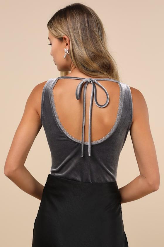 Dreamy Chicness Dark Grey Velvet Sleeveless Bodysuit Product Image