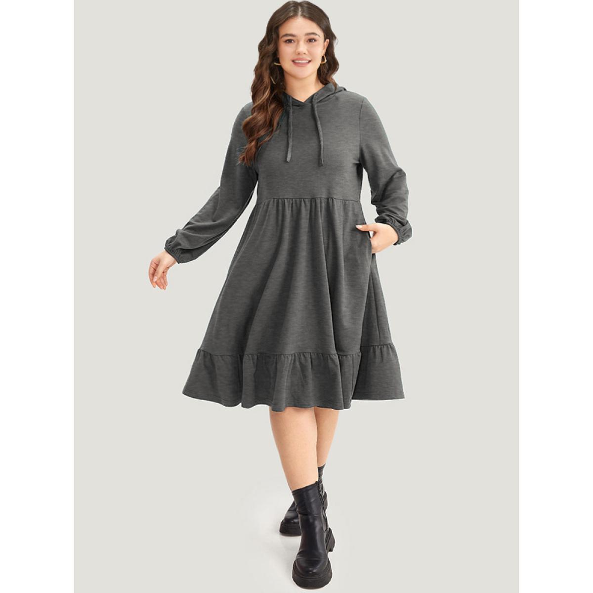 Plus Size Hooded Lantern Sleeve Flutter Hem Dress DimGray Women Casual Elastic cuffs Hooded Long Sleeve Curvy Midi Dress BloomChic 10/M Product Image