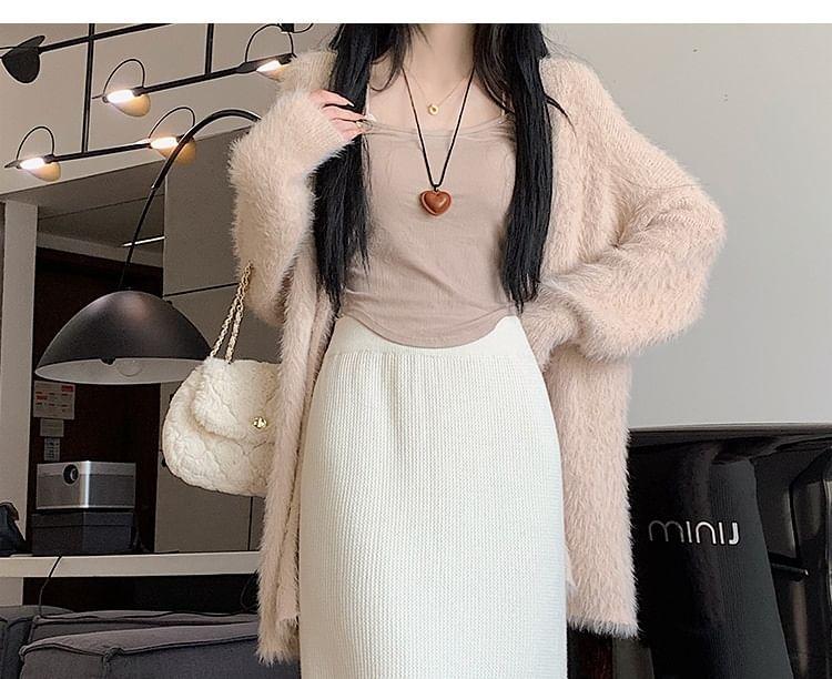 High Rise Plain Slit Knit Midi A-Line Skirt Product Image