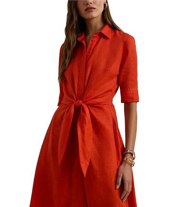 Lauren Ralph Lauren Linen Point Collar Elbow Sleeve Self Tie Button Front Fit-And-Flare Shirt Dress Product Image