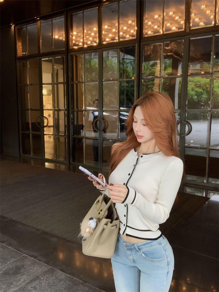 Contrast Trim Button-Up Crop Cardigan Product Image