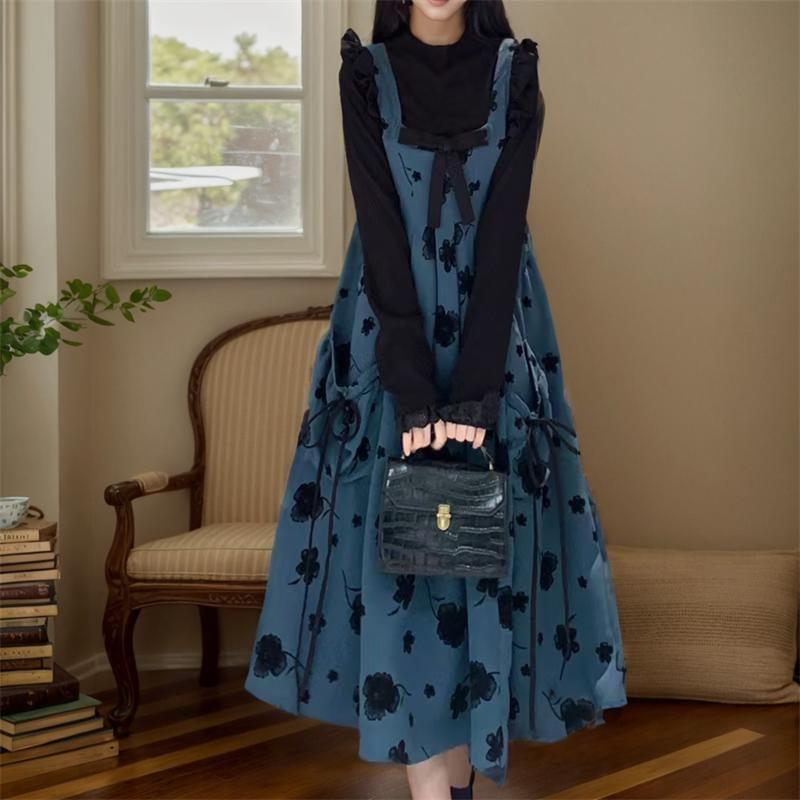 Long-Sleeve Mock Neck Plain Lace Trim Knit Top / Square Neck Floral Bow Midi A-Line Dungaree Dress / Set Product Image
