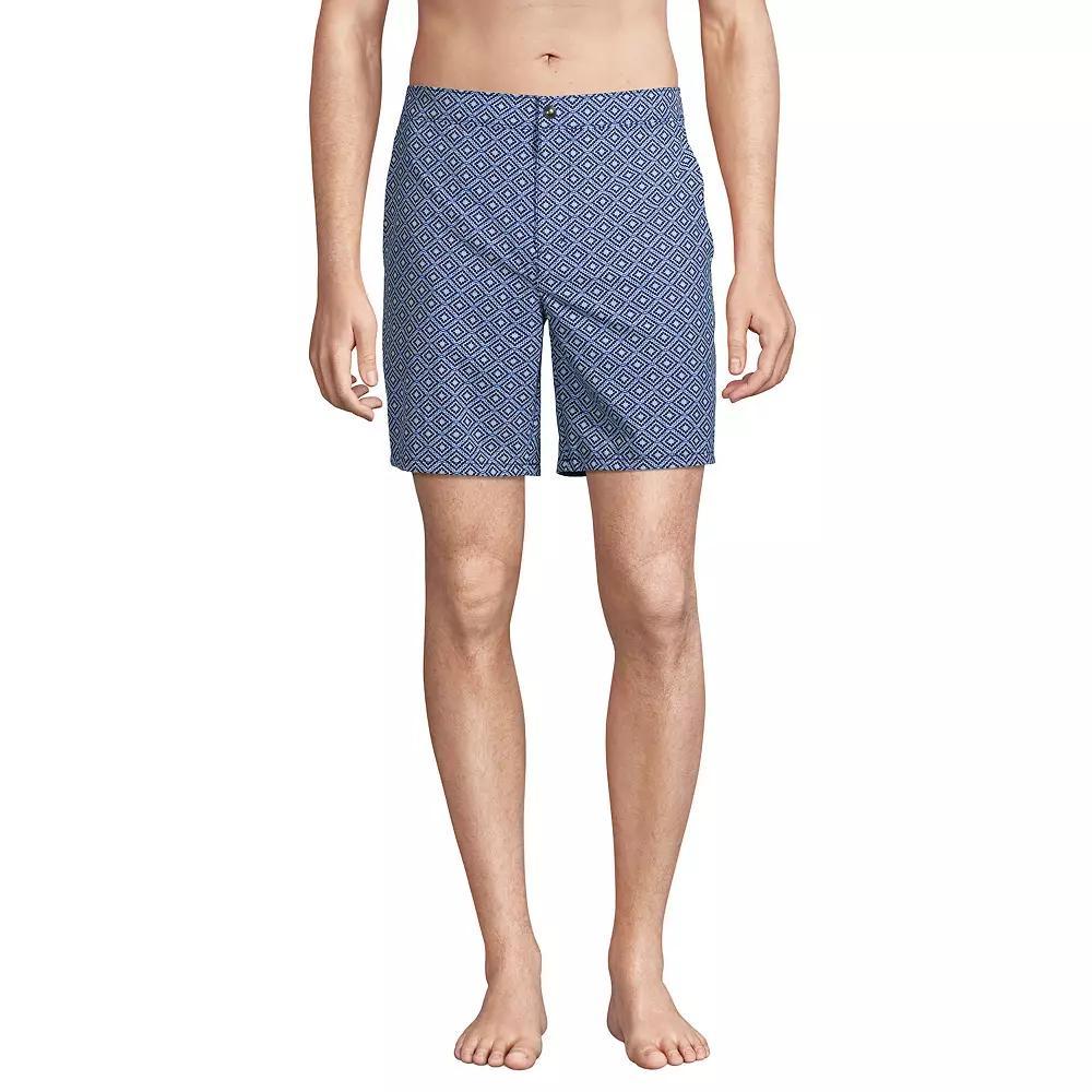 Men's Lands' End 7" Sunset Swim Trunks, Size: XXL, Deep Blue Diamond Geo Product Image