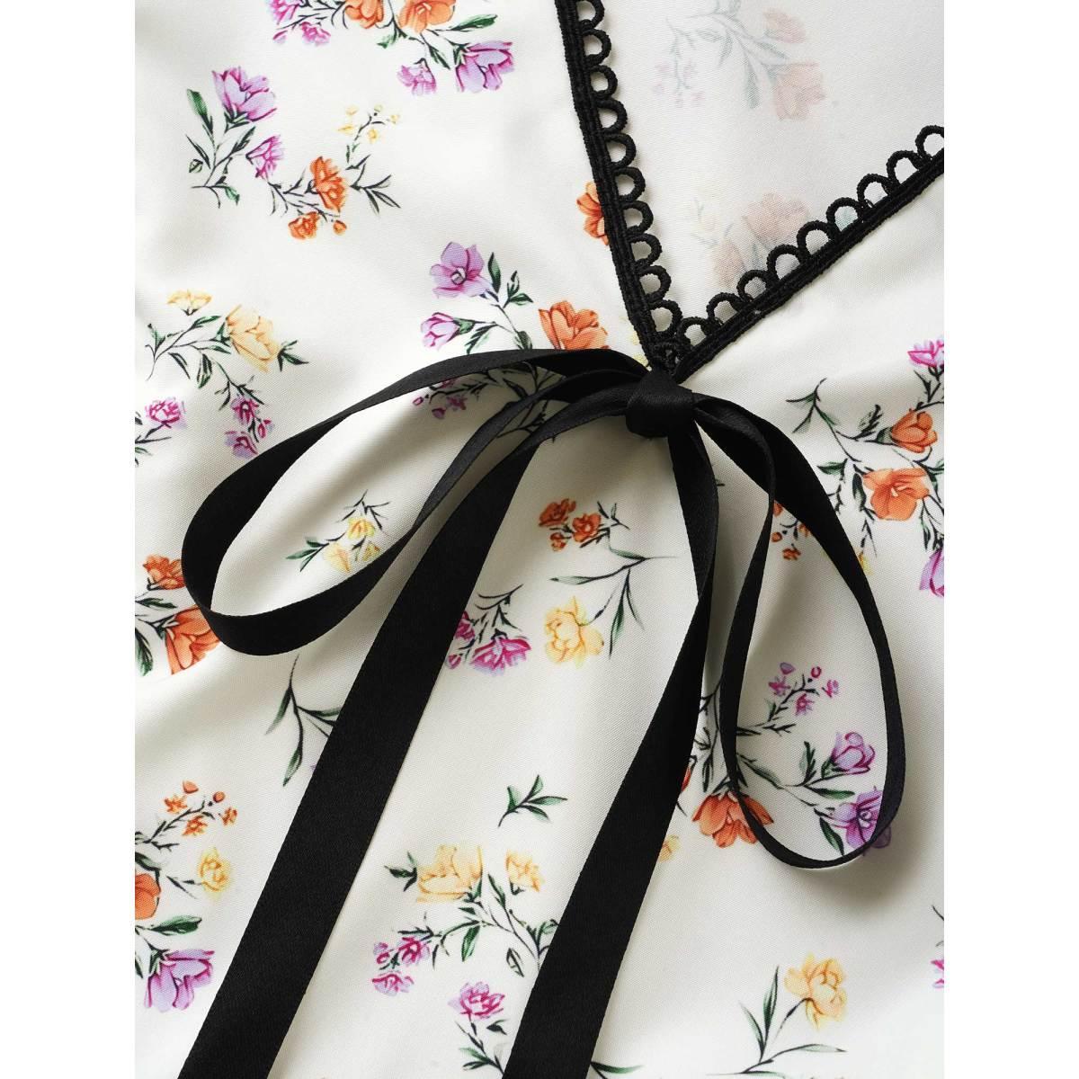 Plus Size Multicolor Floral Print Bowknot Bell Sleeve Blouse Women Elegant Half Sleeve V-neck Everyday Blouses BloomChic 18-20/2X Product Image
