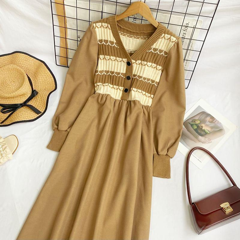 Long-Sleeve V-Neck Striped Panel Midi A-Line Dress Product Image