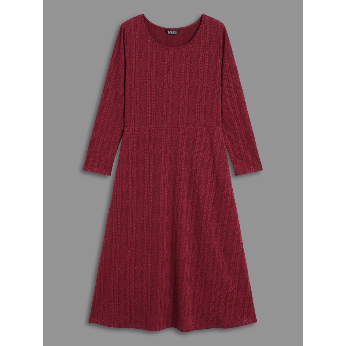 Plus Size Textured Knit Fit-And-Flare Midi Dress Burgundy Women Casual Texture Round Neck Long Sleeve Curvy BloomChic 12/L Product Image