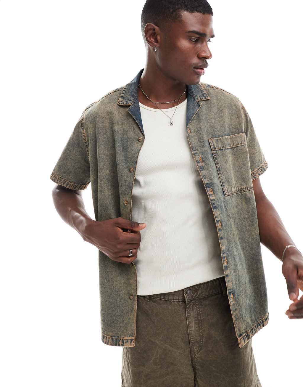 ASOS DESIGN relaxed camp collar washed denim shirt in brown Product Image