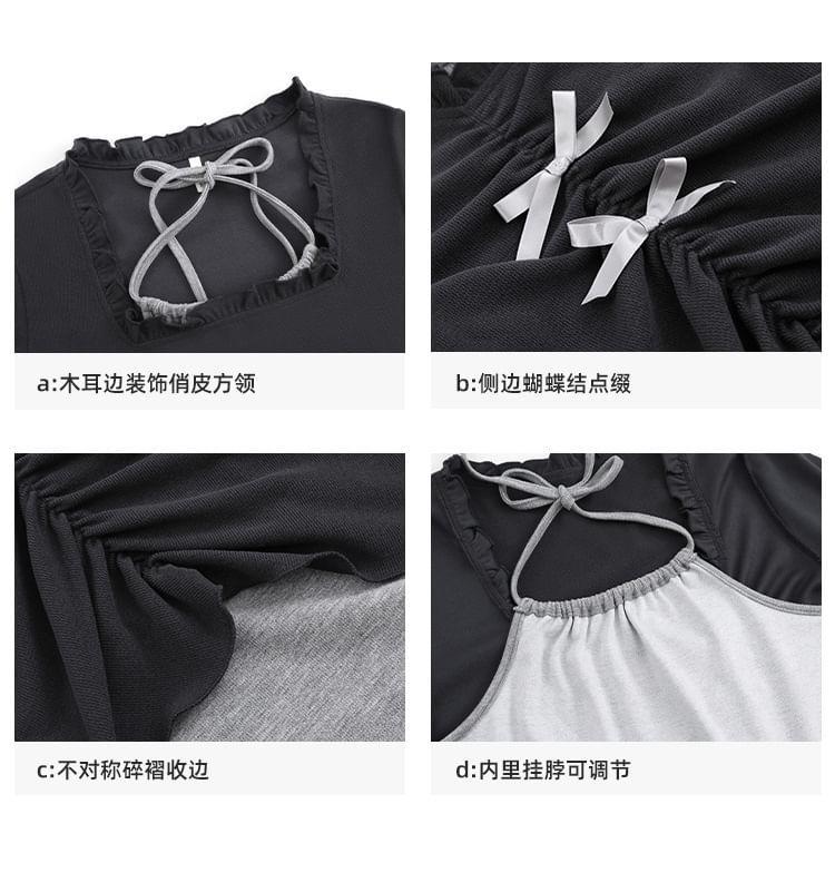 Mock Two-Piece Long-Sleeve Halter-Neck Two-Tone Bow Top Product Image