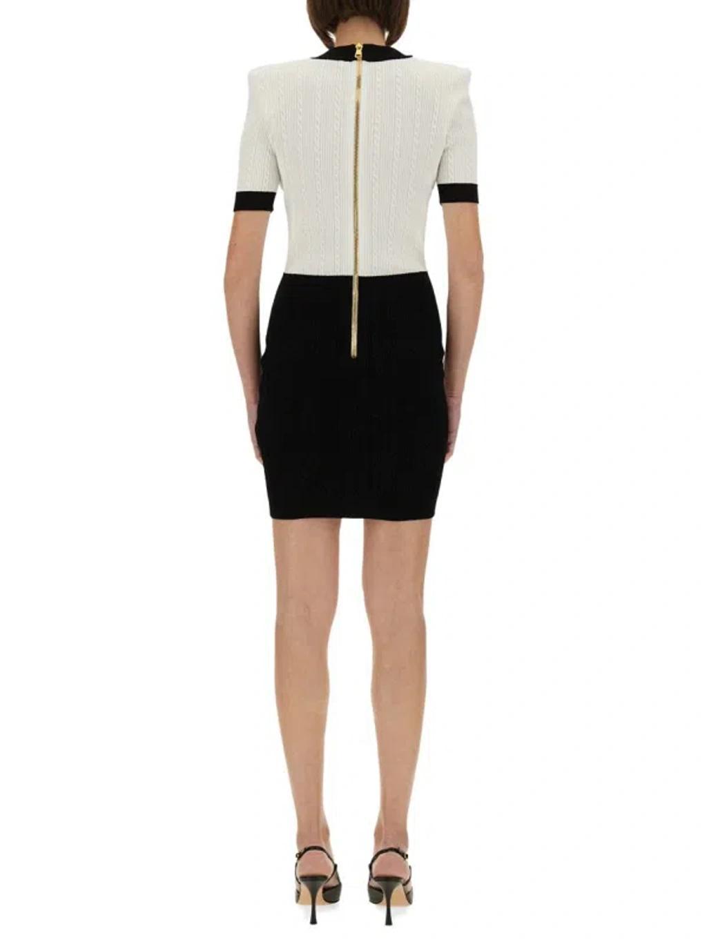 BALMAIN V-neck Buttoned Strong-shoulder Torsade Knit Mini Dress In White Product Image